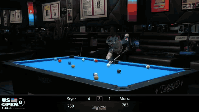 a pool table that says us open on the top