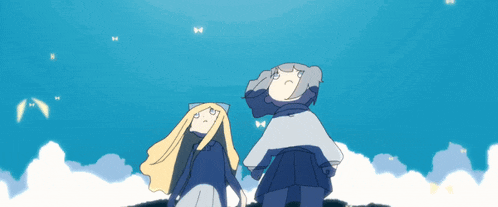 two anime characters looking up at a blue sky with butterflies