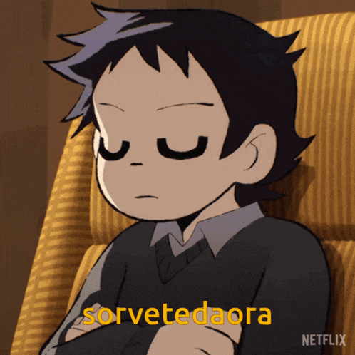 a cartoon of a boy sitting in a chair with the words sorvetedaora written in yellow