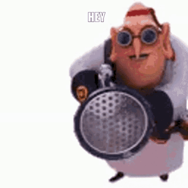 a cartoon character from despicable me is holding a gun and saying hey .