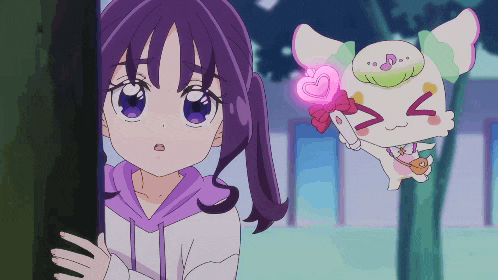 a girl with purple hair is standing next to a cartoon character with a heart on its head