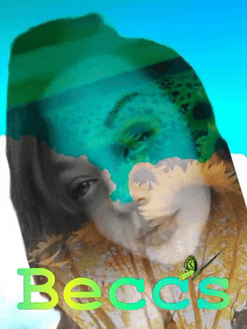 a collage of a woman 's face with the word beccs in green