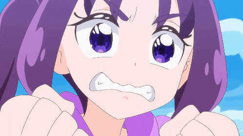 a cartoon girl with purple hair and blue eyes is making a funny face