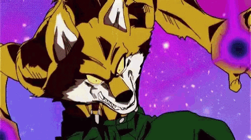 a cartoon of a fox with a green jacket and a purple background .