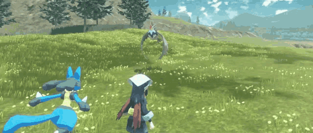a video game character is standing in a field with a large explosion coming out of the ground .