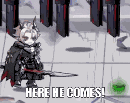 a video game character is holding a sword and says here he comes .