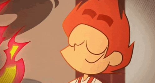 a close up of a cartoon character with a fire coming out of his head .