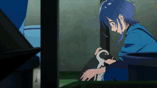 a girl with blue hair is kneeling down with a penguin on her lap