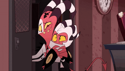 a cartoon character is standing in front of a door with a clock on the wall