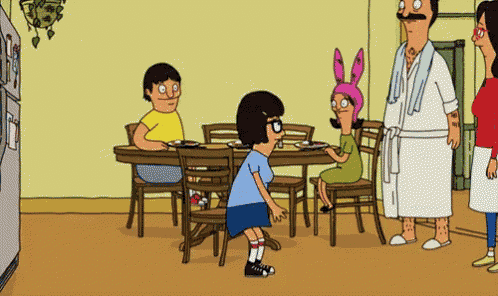bob 's burgers is a cartoon about a family sitting at a table eating food .