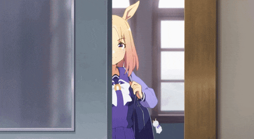 a girl in a purple uniform is standing in a doorway