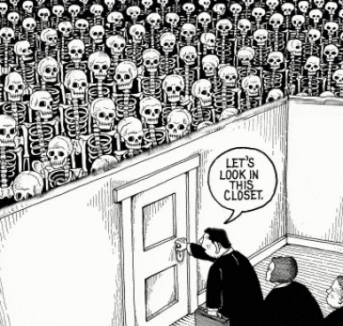 a black and white cartoon of a man opening a door in front of a wall covered in skulls .