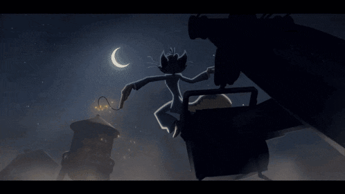 a drawing of a water tower at night with a crescent moon in the background