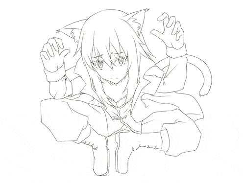 a black and white drawing of a girl with cat ears and a cat tail