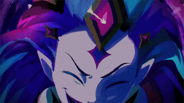 a close up of a cartoon character with purple hair and a crown on her head .