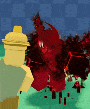 a cartoon character is standing in front of a large red monster in a video game