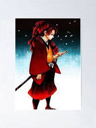 a man in a red kimono is holding a sword in his right hand .