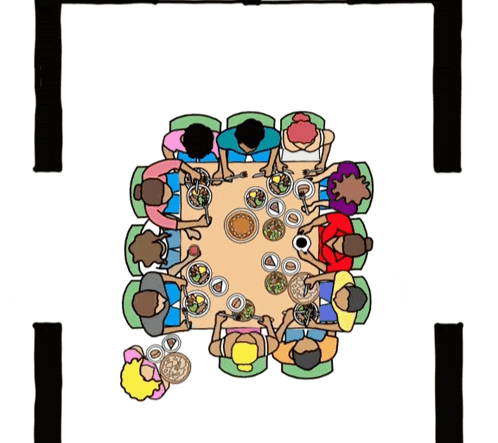 a group of people sitting around a table with plates of food on it