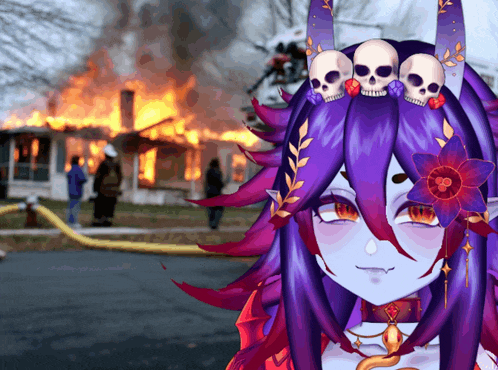 a girl with purple hair has skulls on her head in front of a burning house