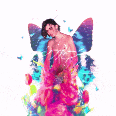 a man with butterfly wings is surrounded by pink flowers and butterflies
