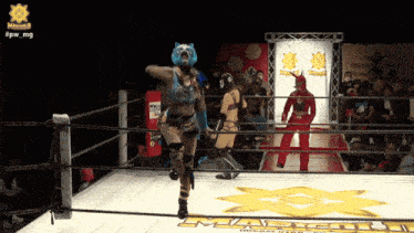 two women in a wrestling ring with the hashtag #pw_mg on the bottom