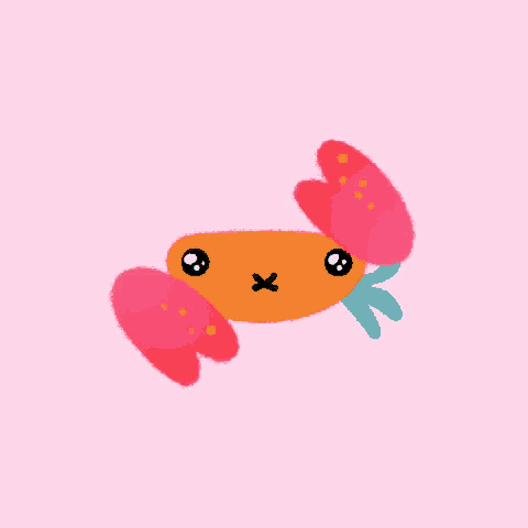 an illustration of a crab with hearts around it on a pink background