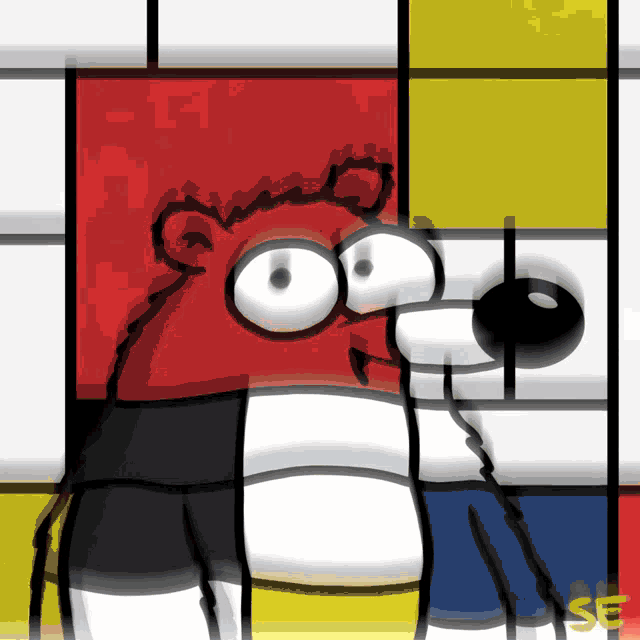 a cartoon drawing of a bear with a yellow and blue background