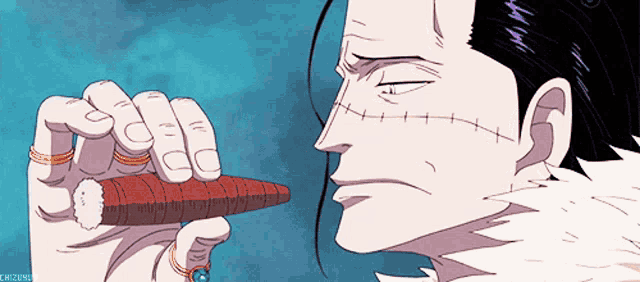 a drawing of a man with stitches on his face holding a carrot in his hand