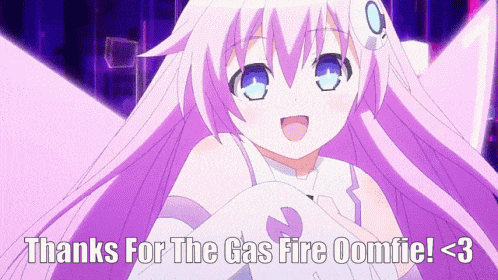 a purple haired anime girl says thanks for the gas fire oomfie