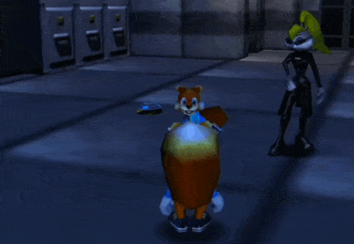 a cartoon squirrel in a blue shirt is standing next to another cartoon squirrel
