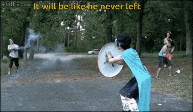 a man in a blue cape is holding a shield with the words " it will be like he never left " on the bottom
