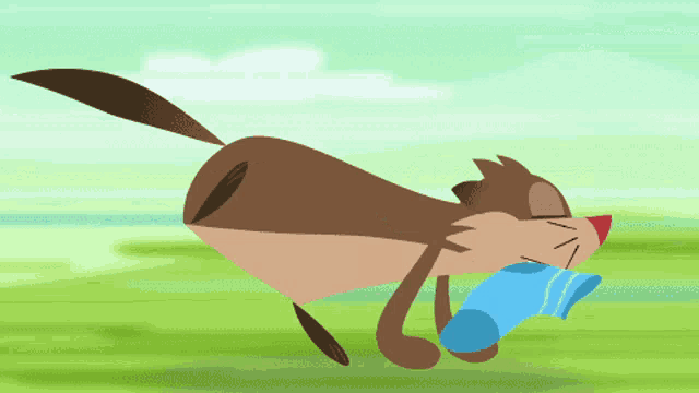 a cartoon drawing of a dog running with a blue bottle in its mouth