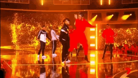 a group of people are dancing on a stage with a crowd watching .
