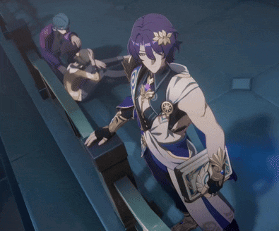 a man with purple hair and a flower in his hair