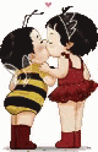 a boy in a bee costume and a girl in a red dress are kissing .