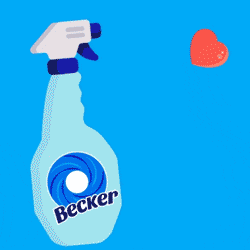 a spray bottle of becker is surrounded by red hearts on a blue background