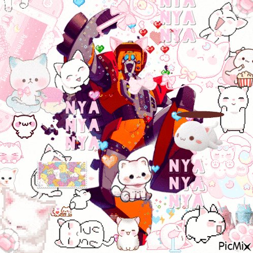 a picture of a robot surrounded by cats and the words ny nya ny nya