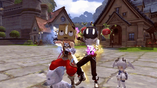 a video game character with a cardboard box on his head stands in front of a building