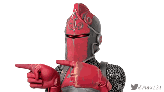 a red knight is pointing at something with the twitter username purx124 at the bottom
