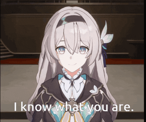 a girl with long white hair is smiling and says i know what you are