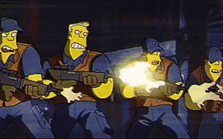 a group of cartoon characters are holding guns and one of them has the letter p on his hat