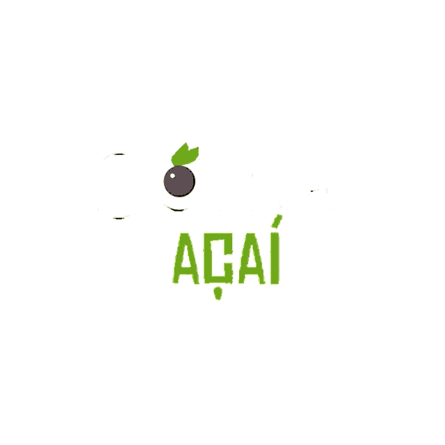 a logo for açai with a purple berry and green leaves on a white background
