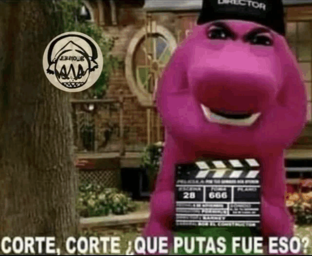 a purple stuffed animal is wearing a black hat and holding a movie clapper board