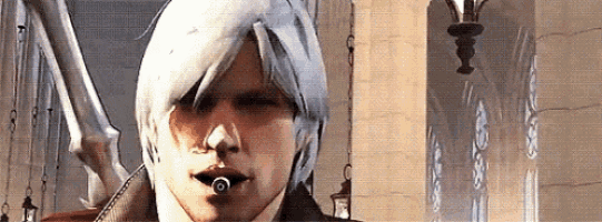 a man with white hair and a piercing in his mouth is standing in a room .