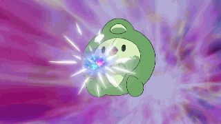 a green cartoon character is flying through the air with a purple background and a blue object in its mouth .