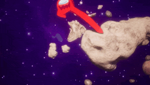 a red among us character is flying through space near a asteroid