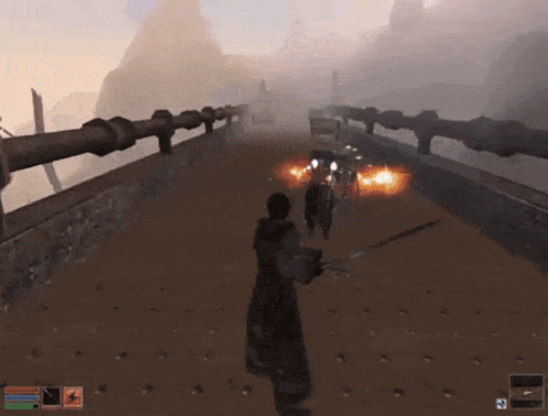 a video game screen shows a man holding a sword in a foggy area