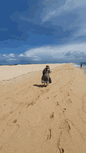 a woman in a hat is kneeling on a beach