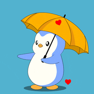 a penguin holding a yellow umbrella with the word love above it