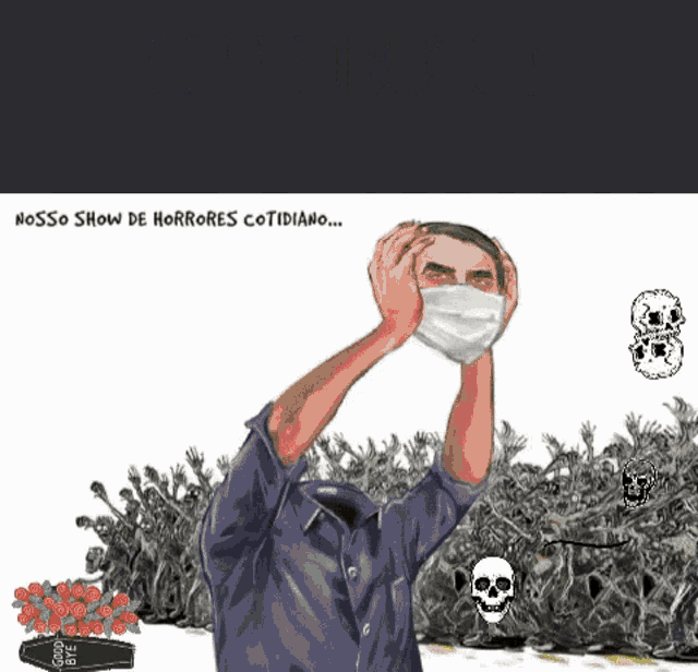 a cartoon of a man wearing a mask with skulls around him